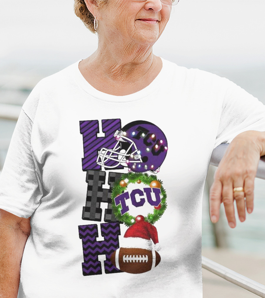 TCU Horned Frogs Football Christmas Ho Ho Ho Helmet And Wreath Game Day T-Shirt