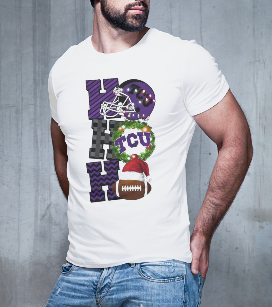 TCU Horned Frogs Football Christmas Ho Ho Ho Helmet And Wreath Game Day T-Shirt