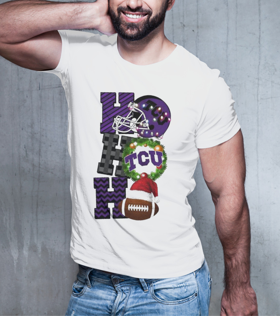 TCU Horned Frogs Football Christmas Ho Ho Ho Helmet And Wreath Game Day T-Shirt