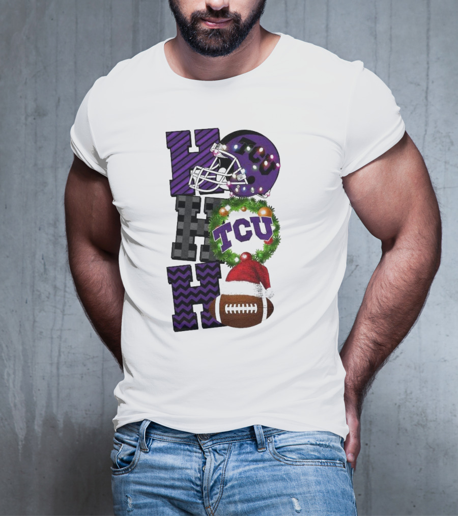 TCU Horned Frogs Football Christmas Ho Ho Ho Helmet And Wreath Game Day T-Shirt