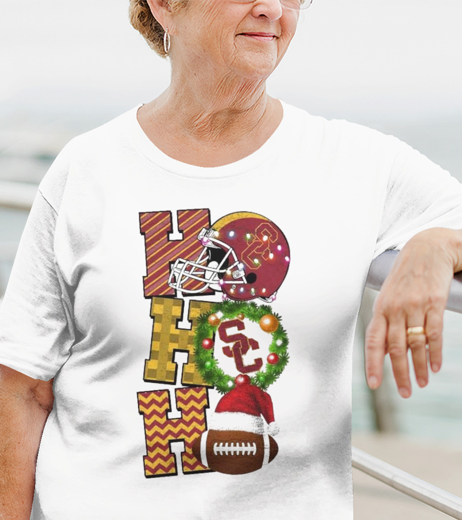 USC Trojans Football Christmas Ho Ho Ho SC Festive Helmet Wreath Game Day T-Shirt