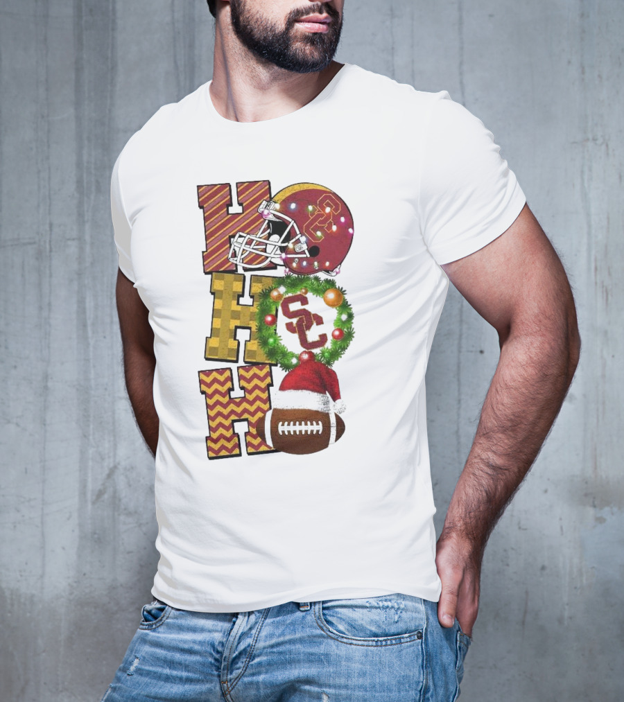USC Trojans Football Christmas Ho Ho Ho SC Festive Helmet Wreath Game Day T-Shirt