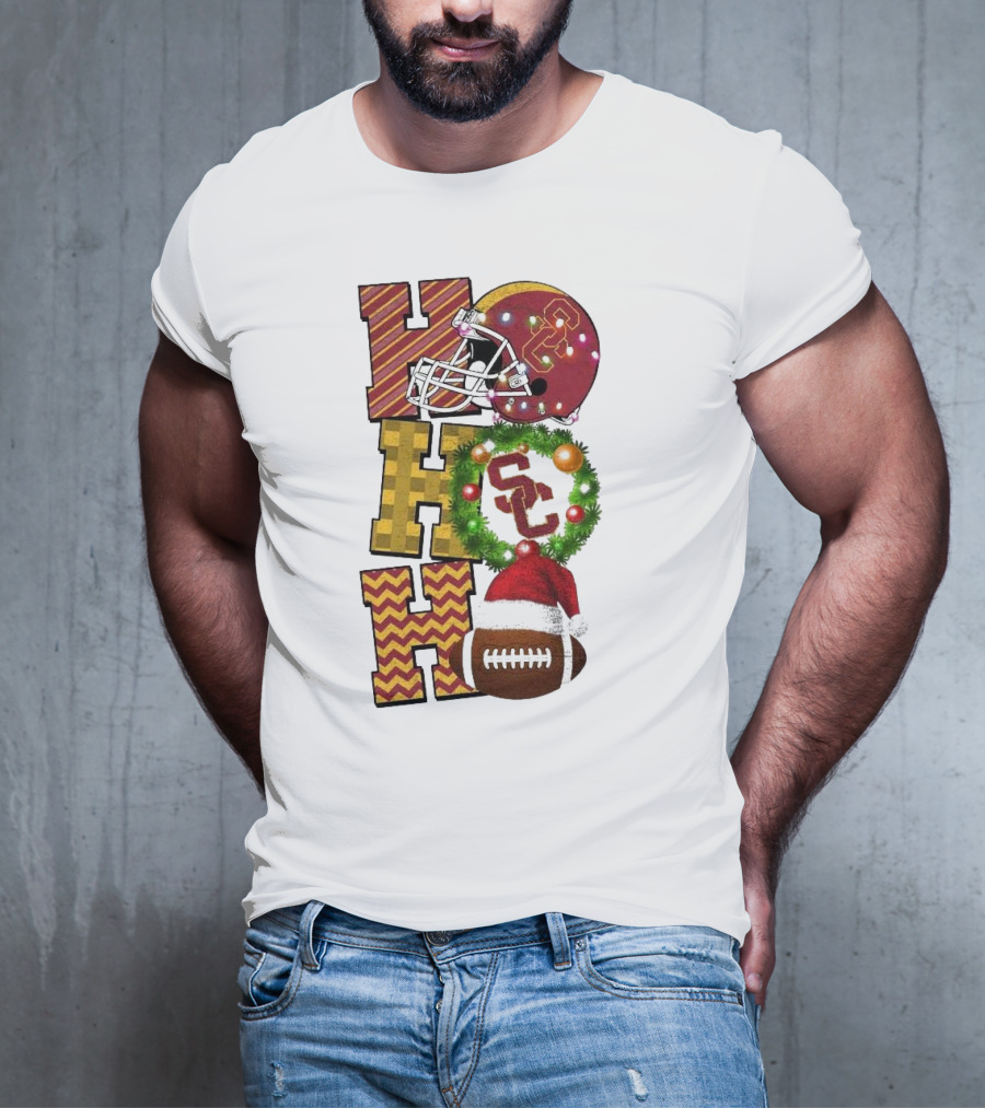 USC Trojans Football Christmas Ho Ho Ho SC Festive Helmet Wreath Game Day T-Shirt