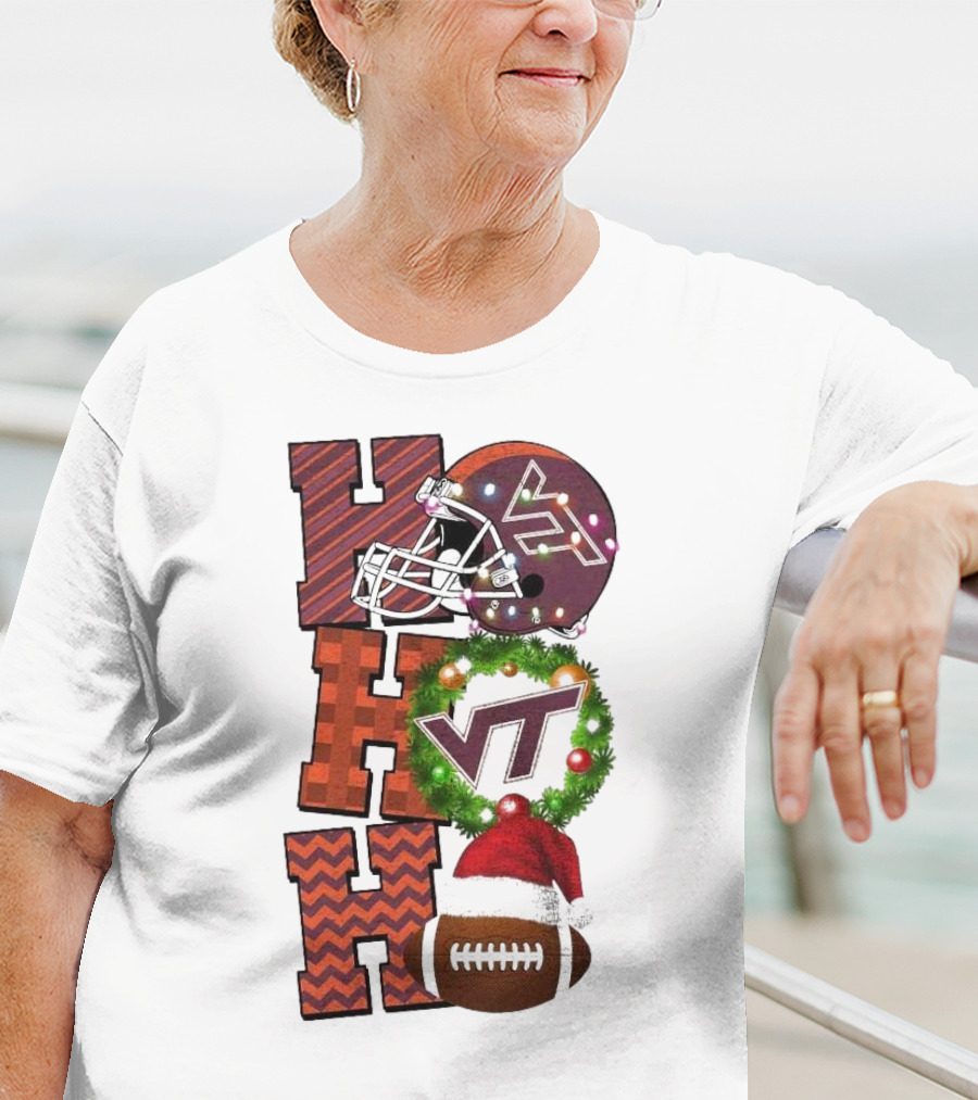 Virginia Tech Hokies Football Christmas Ho Ho Ho VT Helmet Wreath Game Day T-Shirt