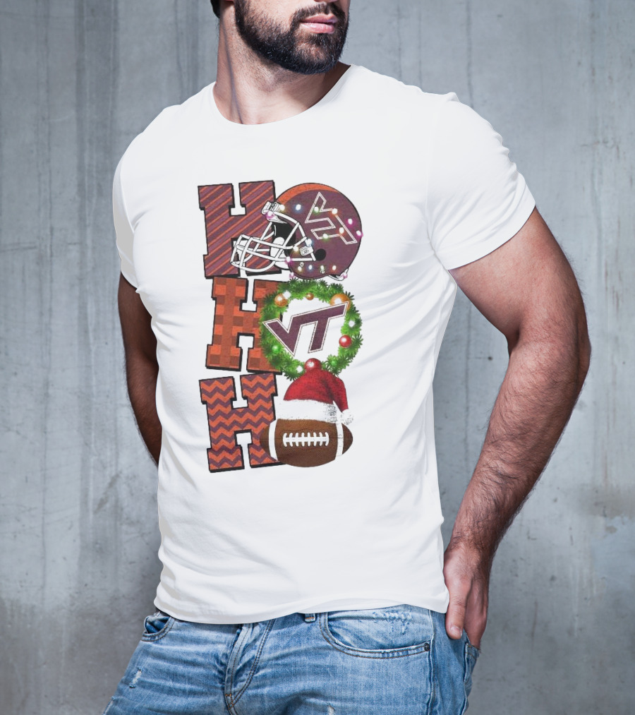 Virginia Tech Hokies Football Christmas Ho Ho Ho VT Helmet Wreath Game Day T-Shirt