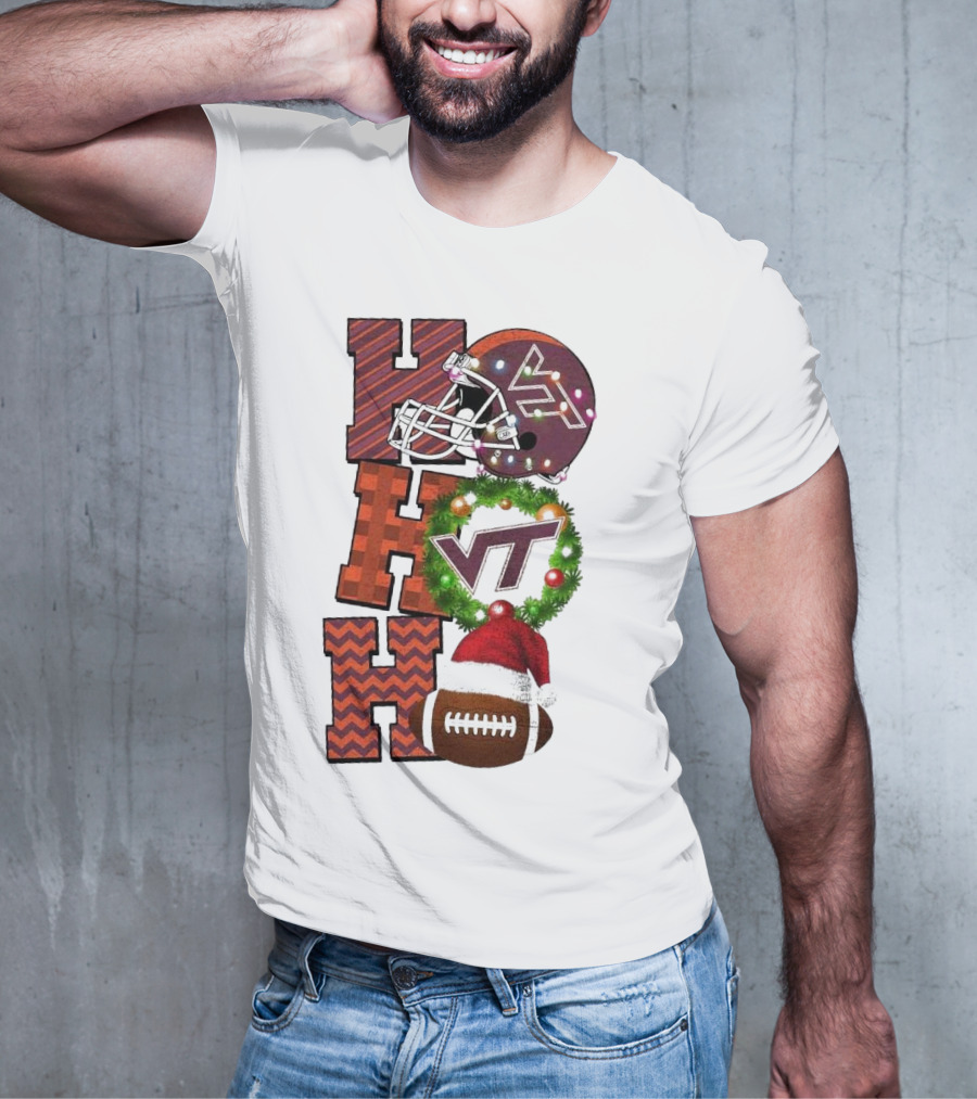 Virginia Tech Hokies Football Christmas Ho Ho Ho VT Helmet Wreath Game Day T-Shirt