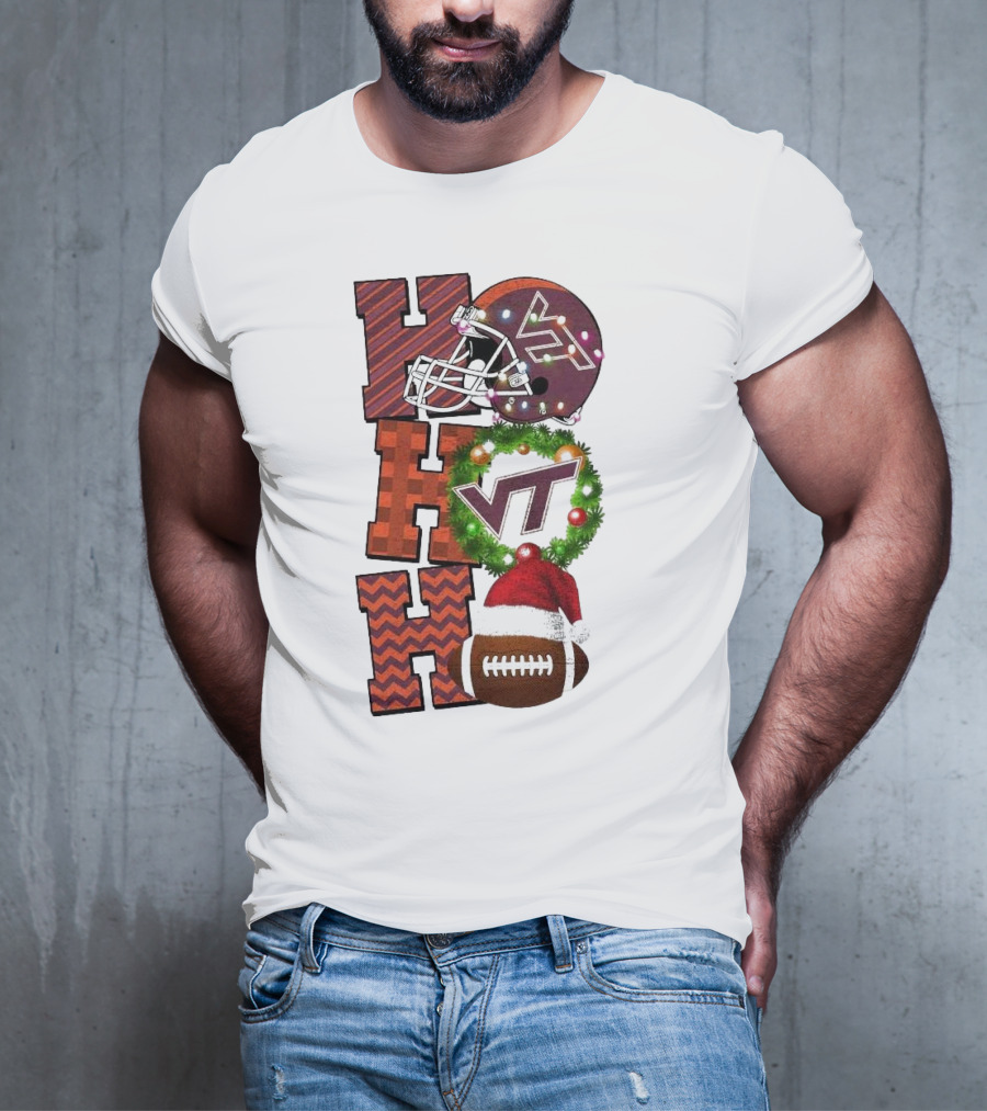 Virginia Tech Hokies Football Christmas Ho Ho Ho VT Helmet Wreath Game Day T-Shirt