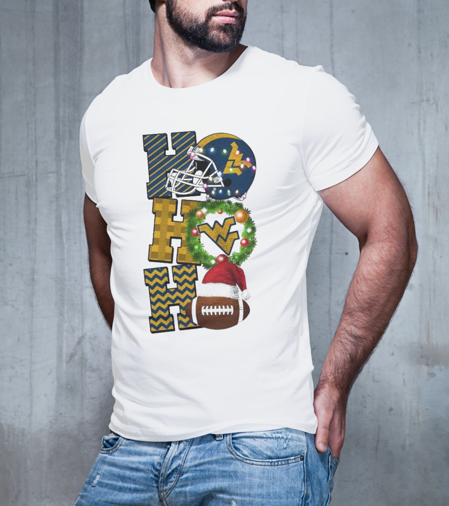 West Virginia Mountaineers Football Christmas Ho Ho Ho Helmet Wreath Santa Hat Game Day T-Shirt