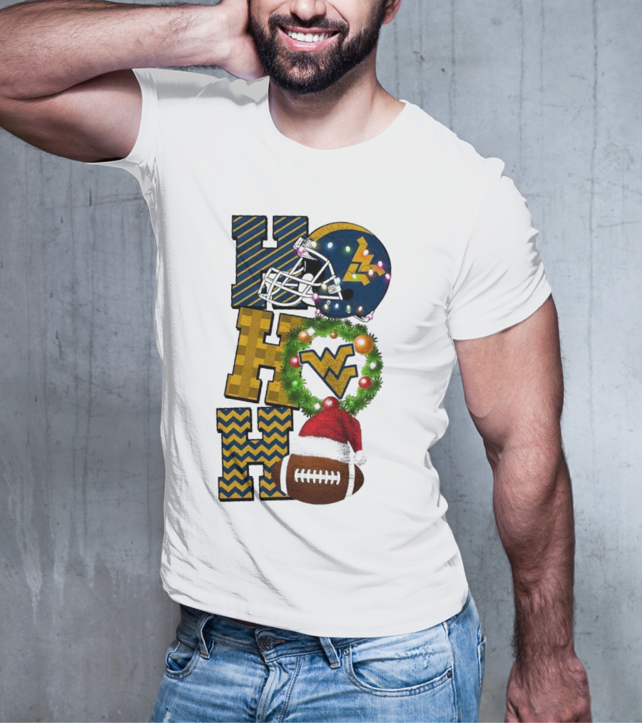 West Virginia Mountaineers Football Christmas Ho Ho Ho Helmet Wreath Santa Hat Game Day T-Shirt