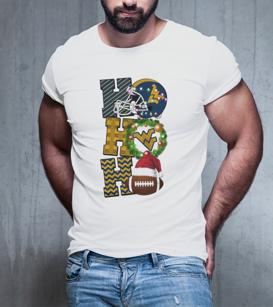 West Virginia Mountaineers Football Christmas Ho Ho Ho Helmet Wreath Santa Hat Game Day T-Shirt
