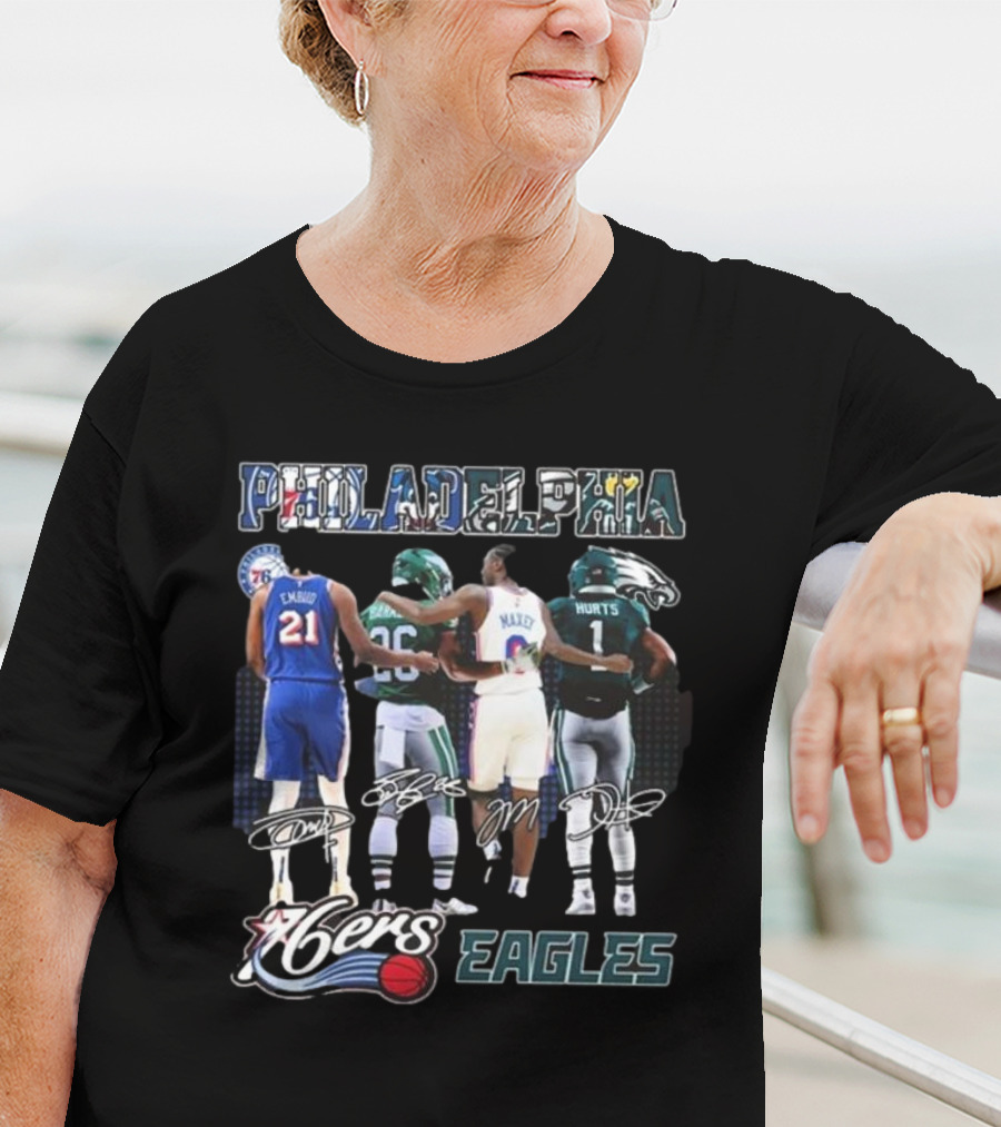 Philadelphia 76ers Joel Embiid And Philadelphia Eagles Sanders Hurts Collaborative Signature T-Shirt