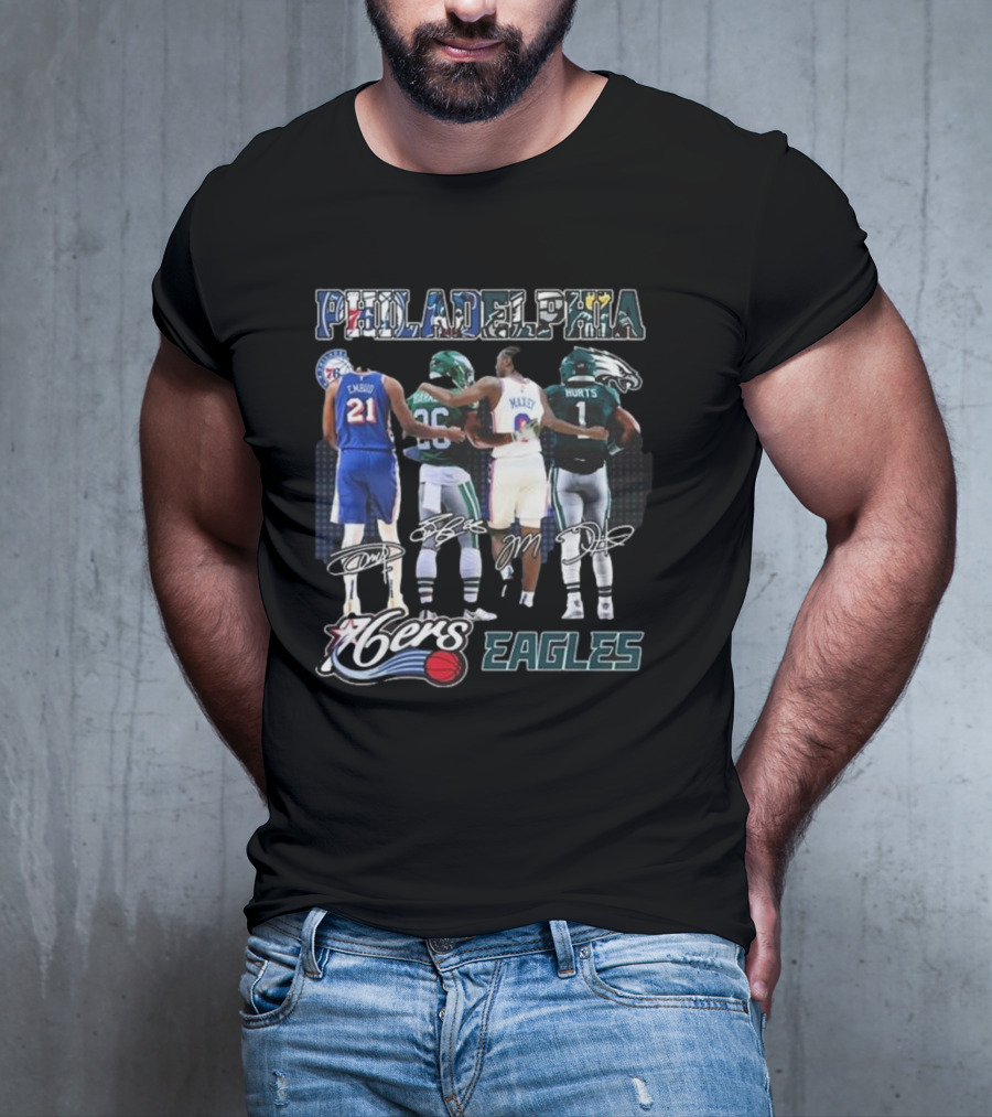 Philadelphia 76ers Joel Embiid And Philadelphia Eagles Sanders Hurts Collaborative Signature T-Shirt