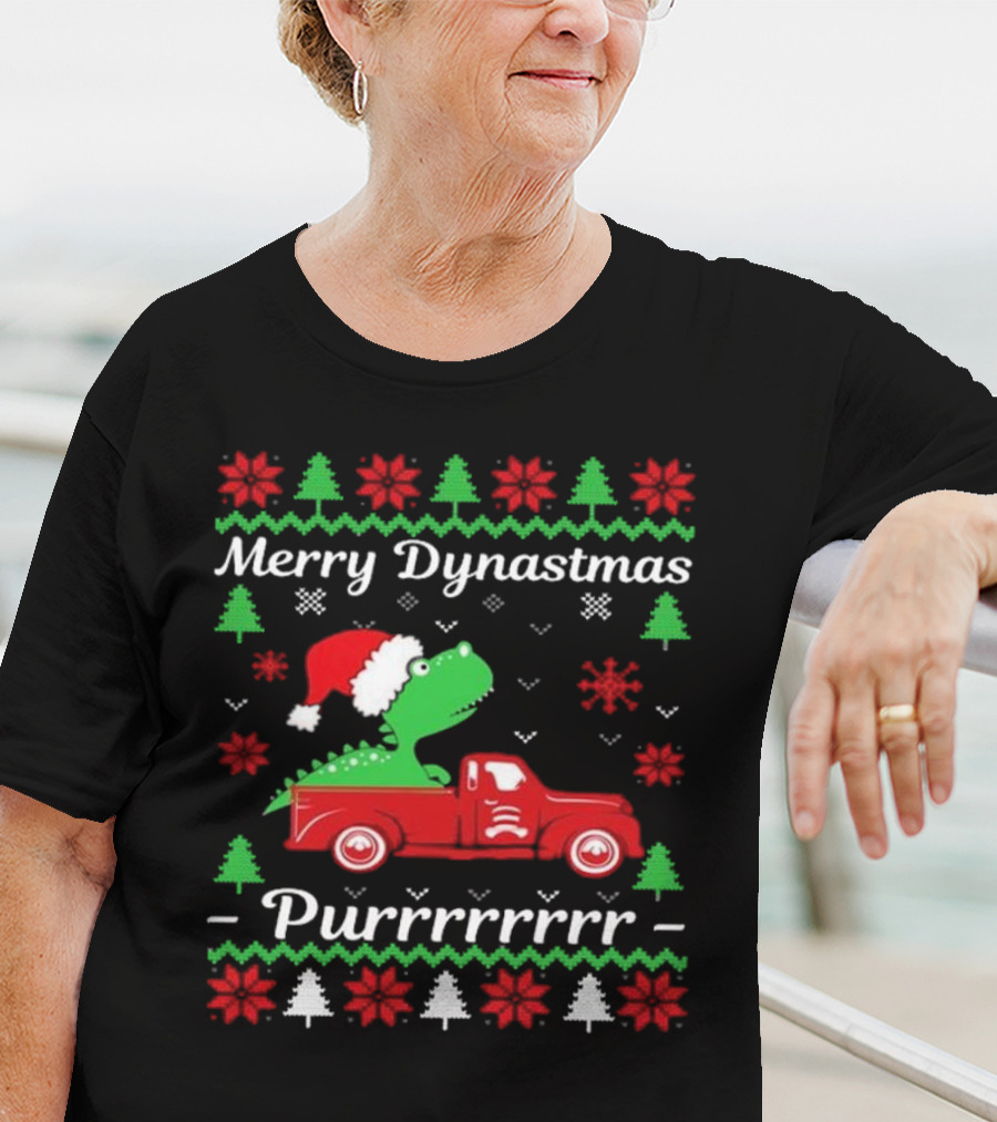 Merry Dynastmas Dinosaur Santa Hat Red Truck Ugly Christmas Purrrrrrrr T-Shirt