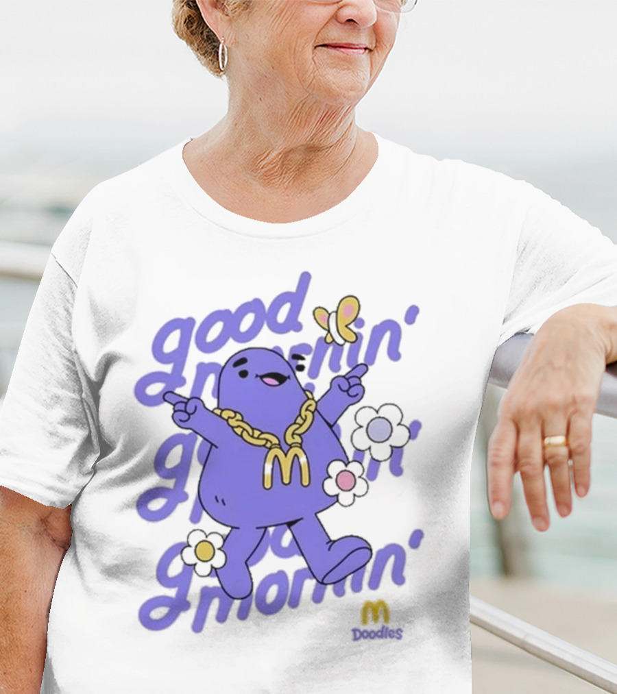 Good Mornin’ Grimace Doodles McDonald’s Butterfly Flowers T-Shirt
