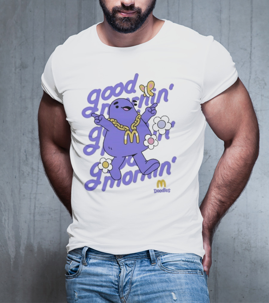 Good Mornin’ Grimace Doodles McDonald’s Butterfly Flowers T-Shirt