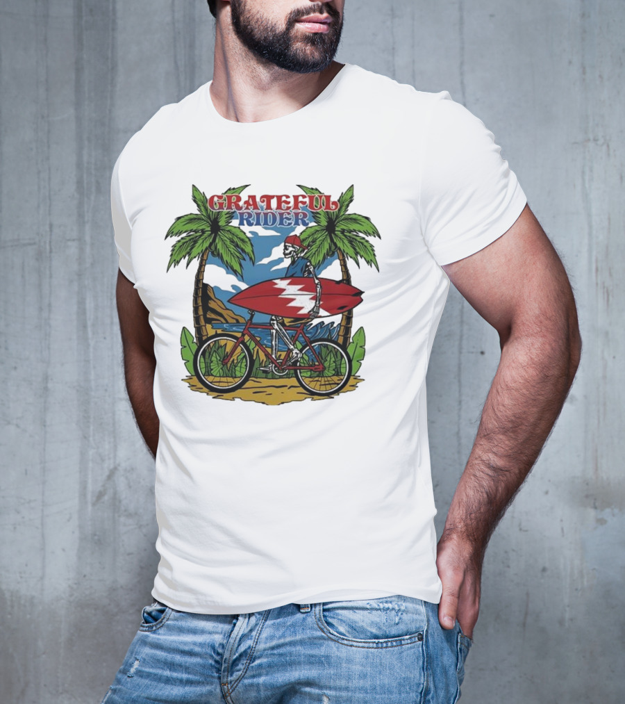 Grateful Rider Skeleton Beach Cruiser With Surfboard And Palm Trees T-Shirt