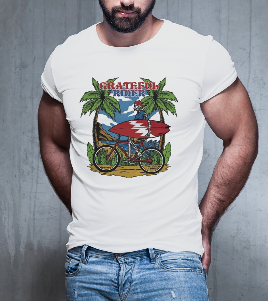 Grateful Rider Skeleton Beach Cruiser With Surfboard And Palm Trees T-Shirt