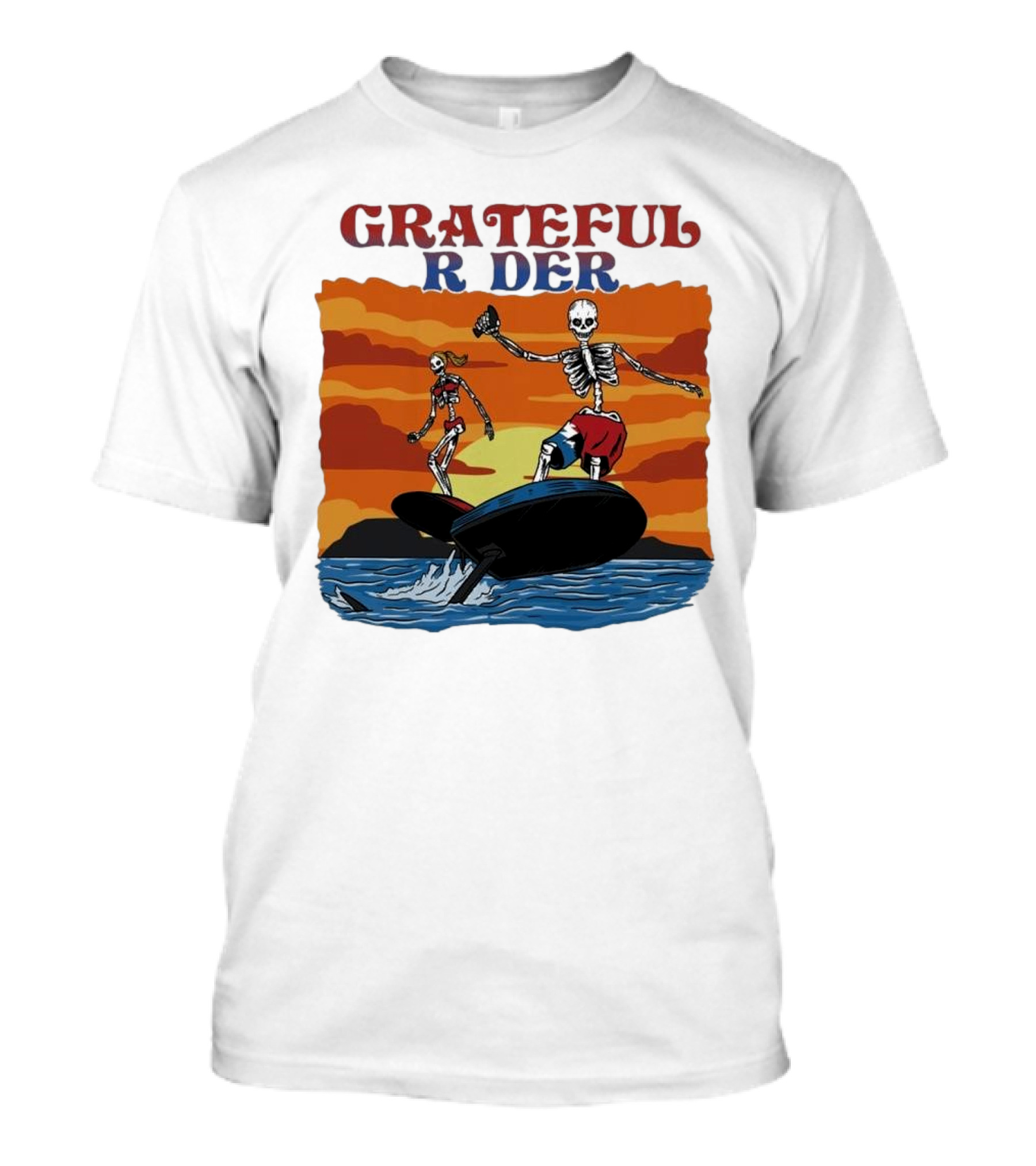 Grateful Rider Skeletons Surfing Sunset E-foil Adventure T-Shirt