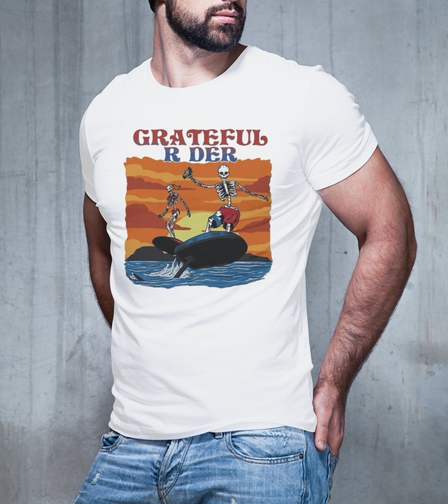 Grateful Rider Skeletons Surfing Sunset E-foil Adventure T-Shirt