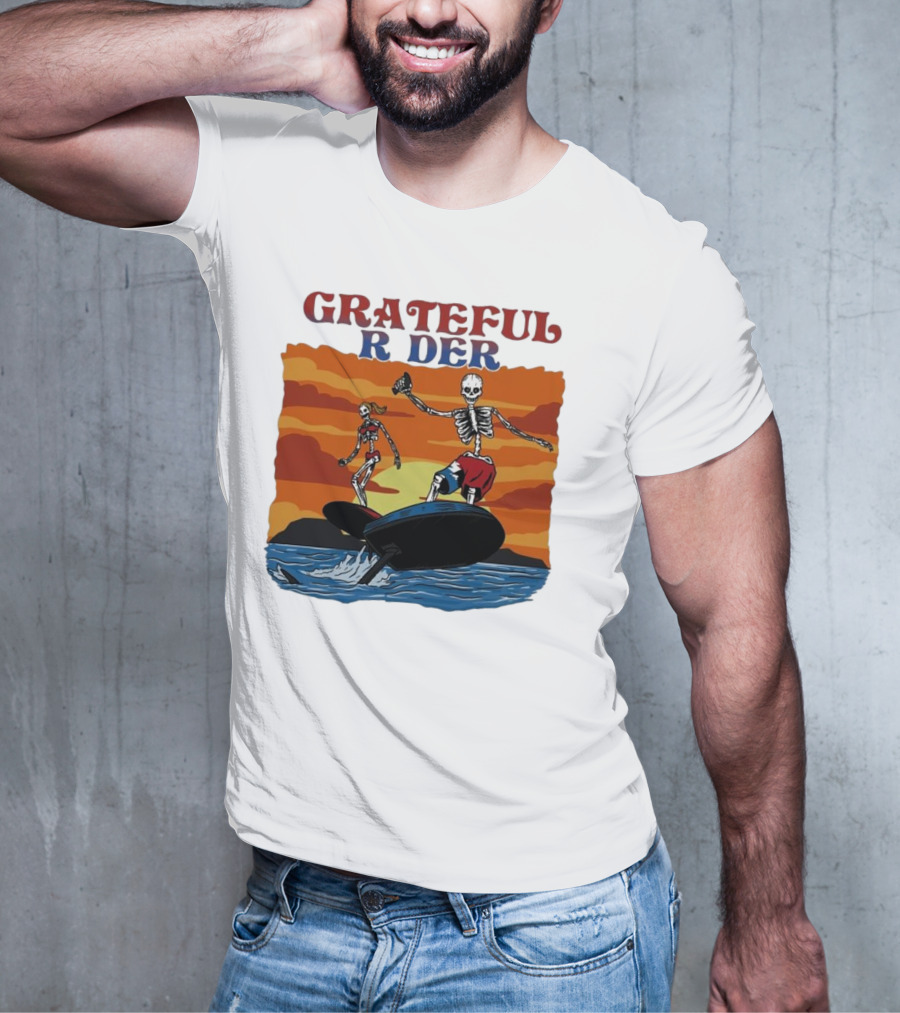 Grateful Rider Skeletons Surfing Sunset E-foil Adventure T-Shirt