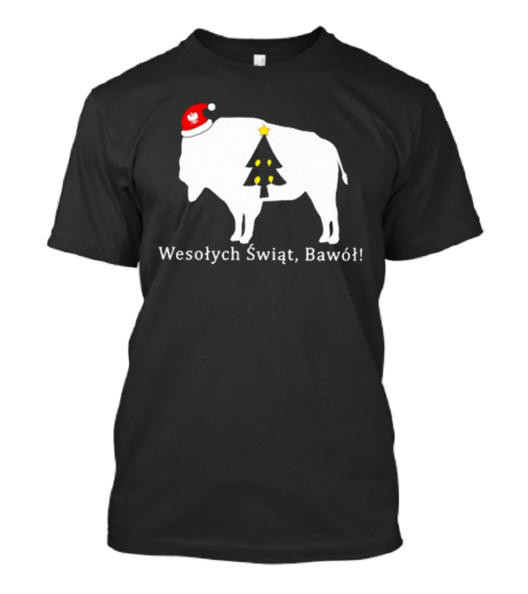 Merry Christmas Buffalo Wesolych Swiat Bawol Santa Hat Christmas Tree T-Shirt