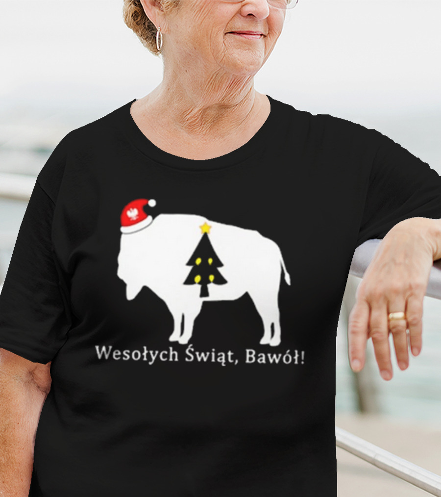Merry Christmas Buffalo Wesolych Swiat Bawol Santa Hat Christmas Tree T-Shirt