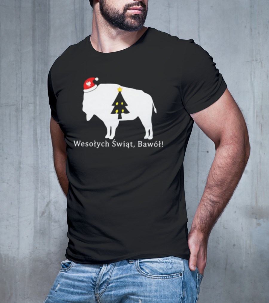 Merry Christmas Buffalo Wesolych Swiat Bawol Santa Hat Christmas Tree T-Shirt