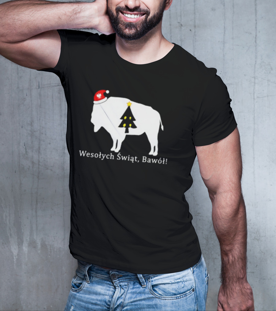 Merry Christmas Buffalo Wesolych Swiat Bawol Santa Hat Christmas Tree T-Shirt