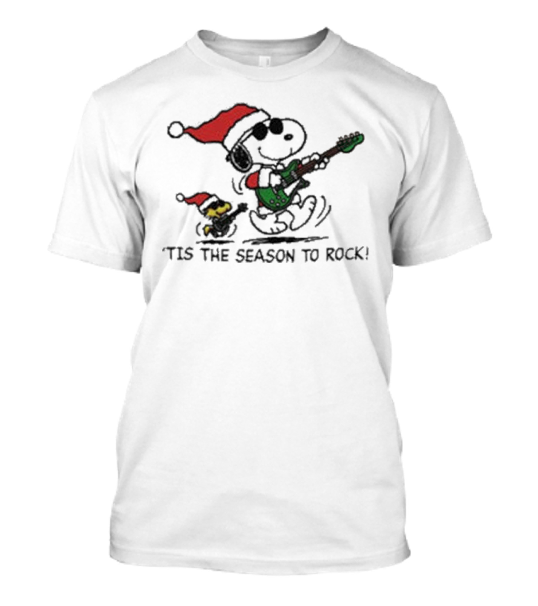 Peanuts Snoopy And Woodstock Christmas Tis The Season To Rock Santa Hat Guitar T-Shirt