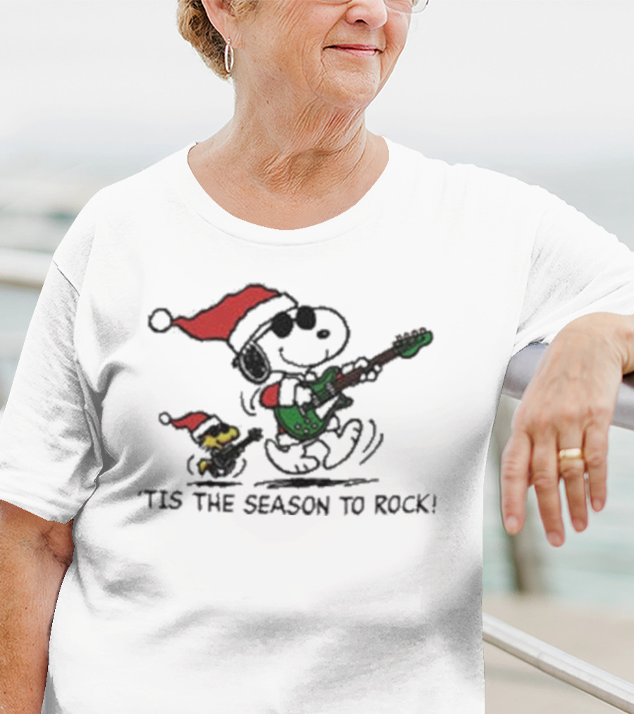 Peanuts Snoopy And Woodstock Christmas Tis The Season To Rock Santa Hat Guitar T-Shirt