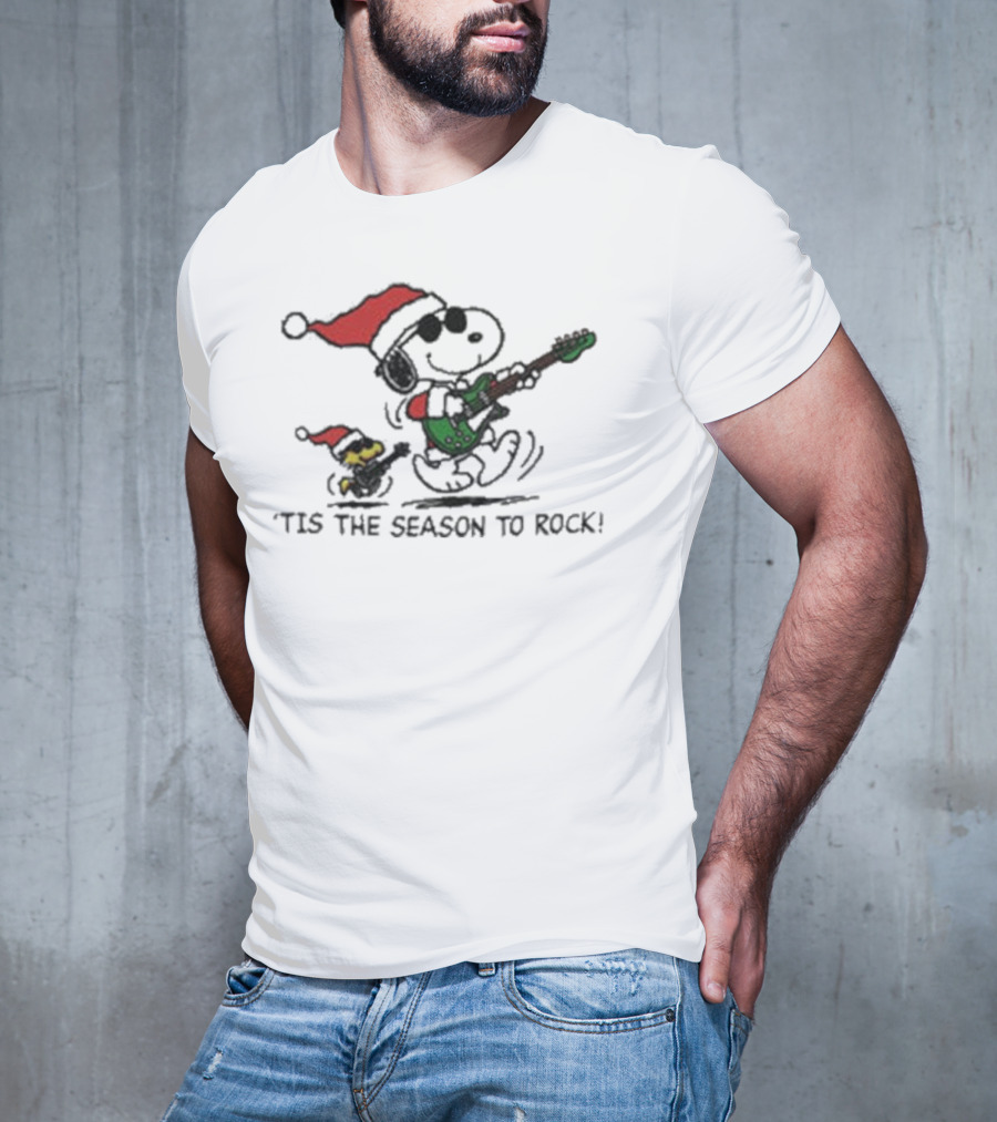 Peanuts Snoopy And Woodstock Christmas Tis The Season To Rock Santa Hat Guitar T-Shirt