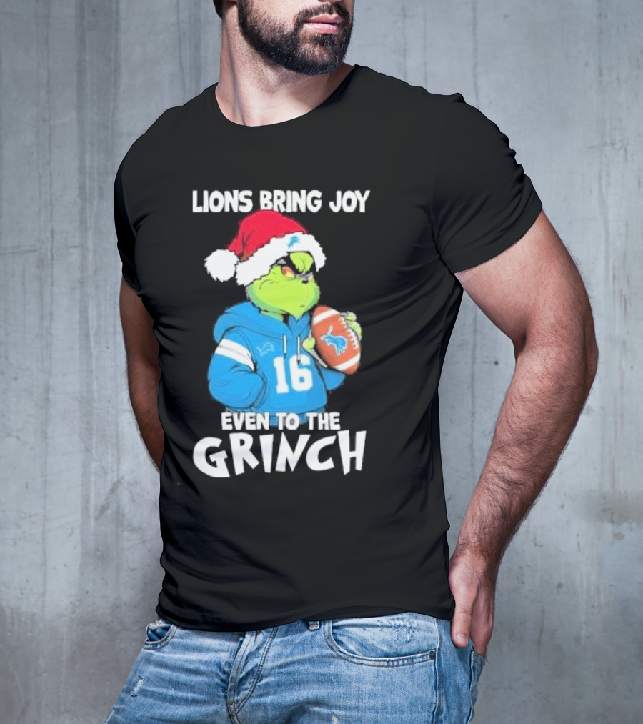 Detroit Lions Bring Joy Even To The Grinch Christmas Santa Football T-Shirt