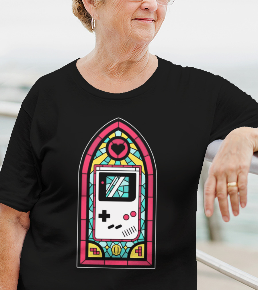 Game Boy 8-Bit Stained Glass Heart Coin Pixel Art Window T-Shirt