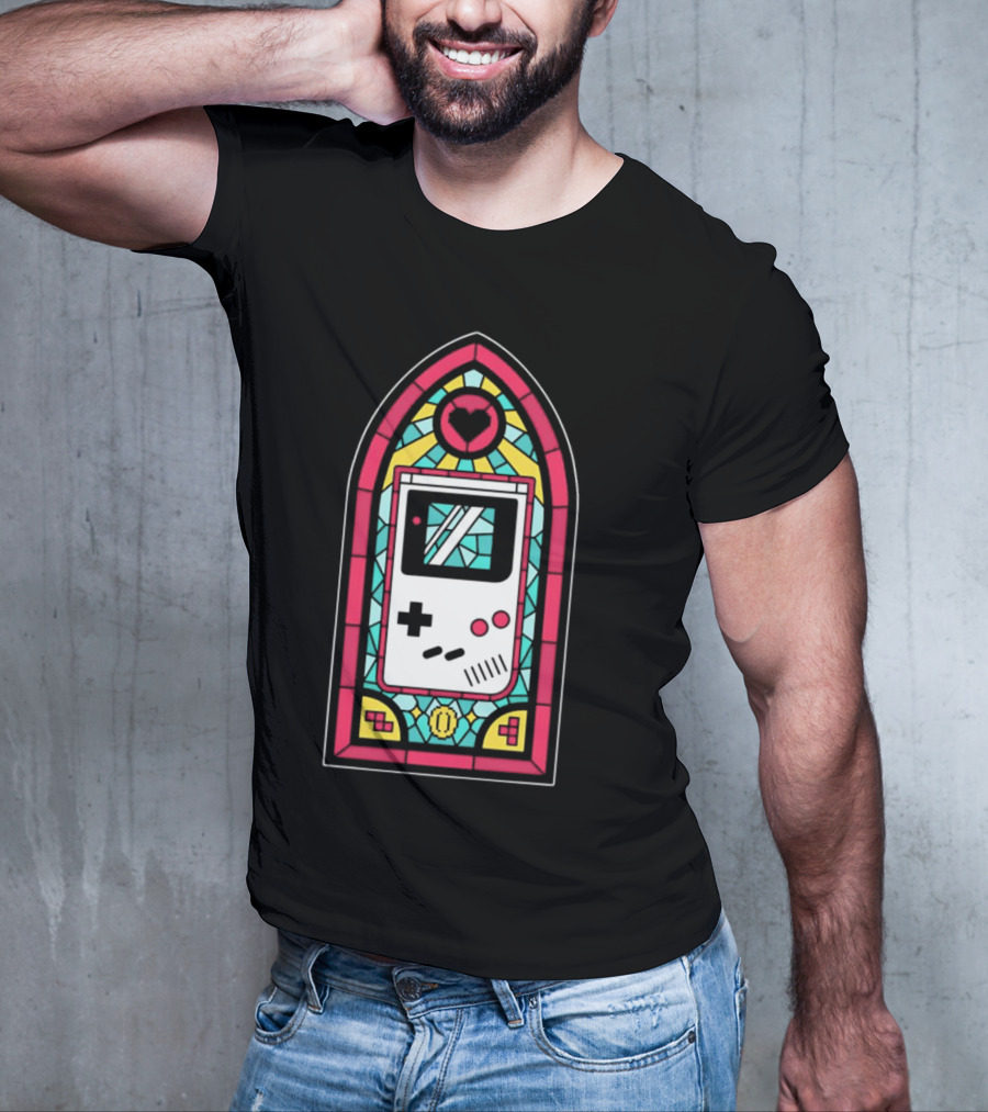 Game Boy 8-Bit Stained Glass Heart Coin Pixel Art Window T-Shirt
