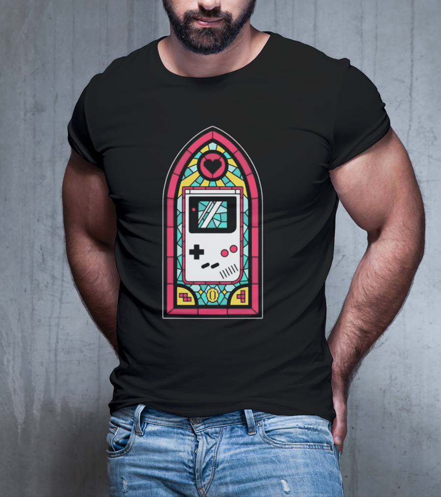 Game Boy 8-Bit Stained Glass Heart Coin Pixel Art Window T-Shirt