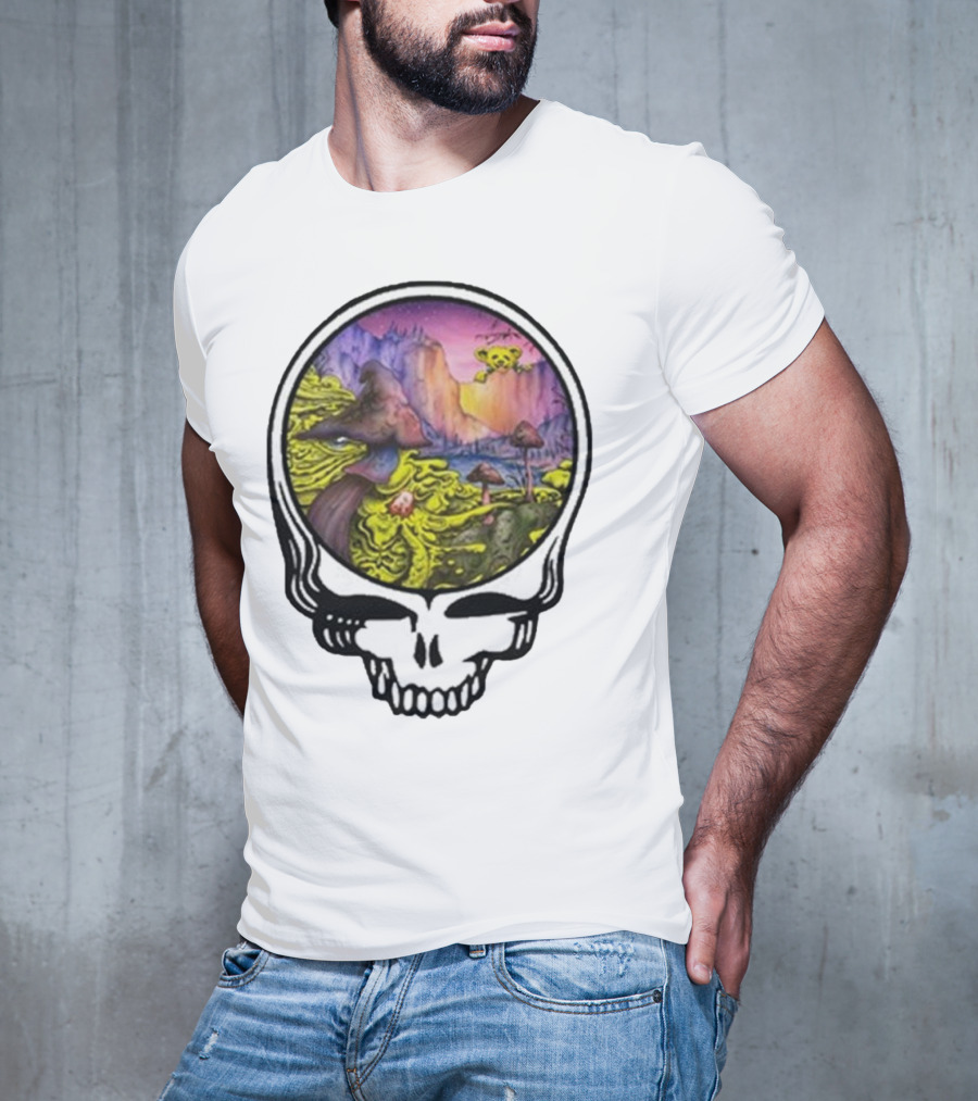 Grateful Dead Skull With Psychedelic Landscape And Mushrooms T-Shirt