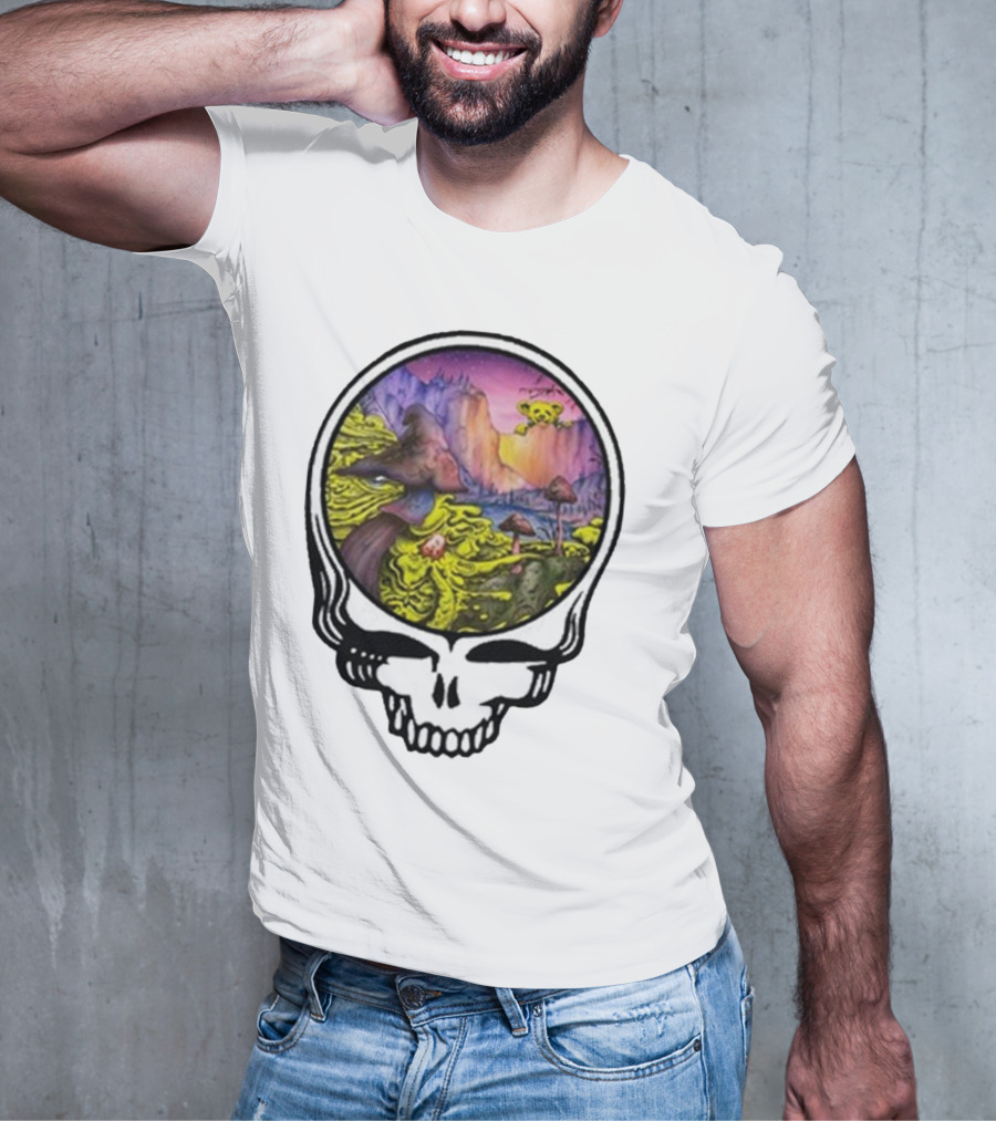Grateful Dead Skull With Psychedelic Landscape And Mushrooms T-Shirt