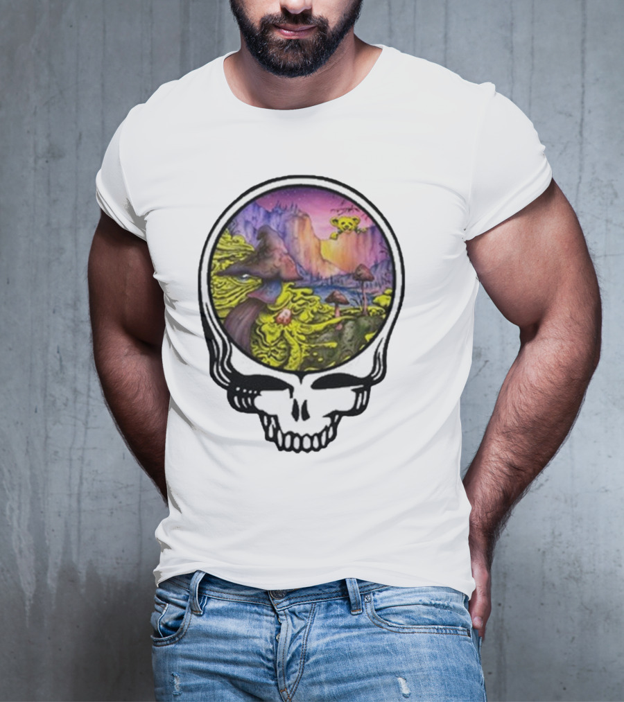 Grateful Dead Skull With Psychedelic Landscape And Mushrooms T-Shirt