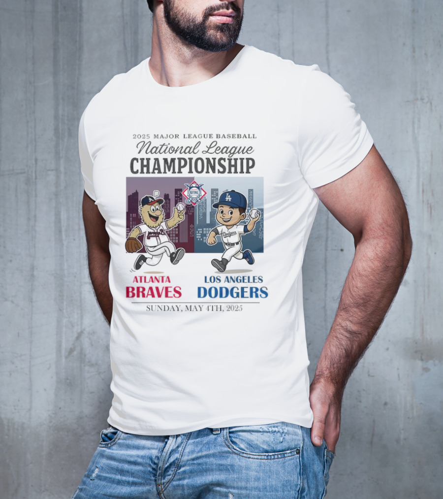 Atlanta Braves Los Angeles Dodgers National League 2025 Major League Baseball Skyline Cartoon Characters T-Shirt