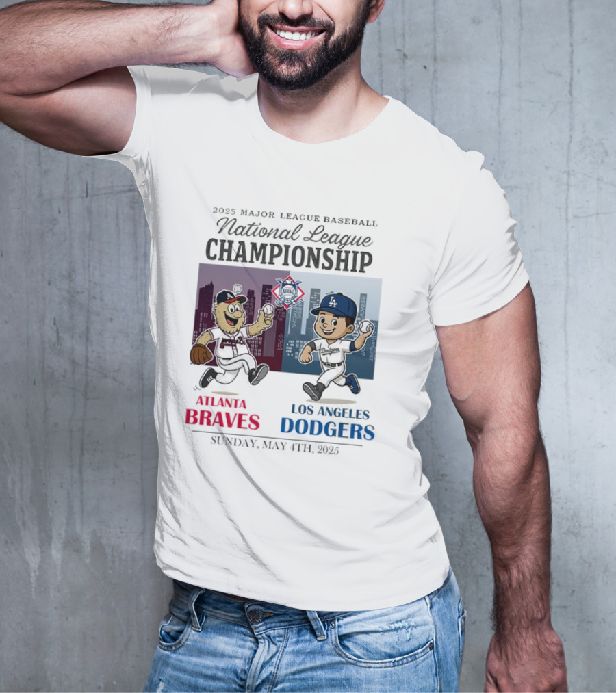 Atlanta Braves Los Angeles Dodgers National League 2025 Major League Baseball Skyline Cartoon Characters T-Shirt