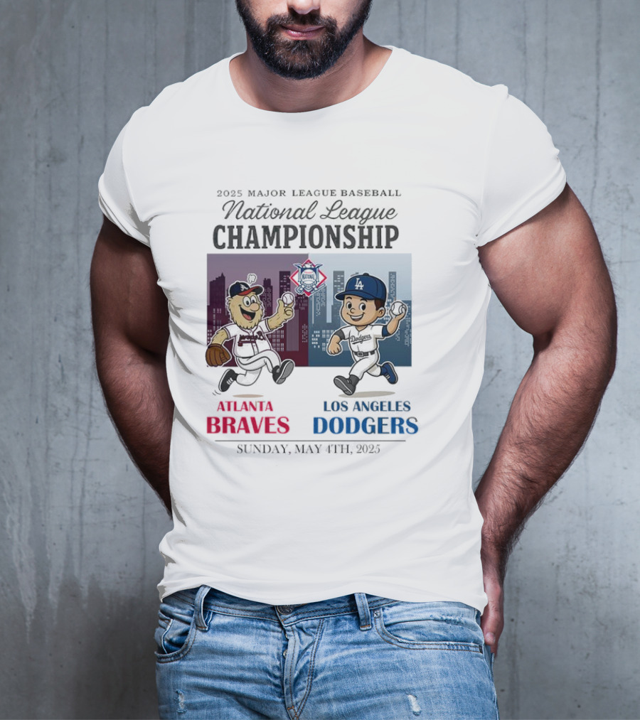 Atlanta Braves Los Angeles Dodgers National League 2025 Major League Baseball Skyline Cartoon Characters T-Shirt