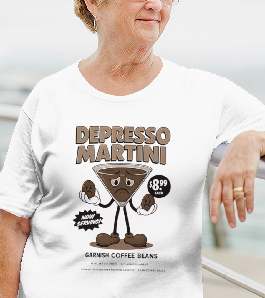 Depresso Martini Garnish Coffee Beans Cartoon Sad Face T-Shirt