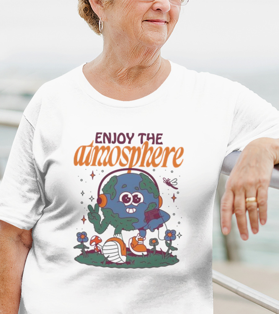 Enjoy The Atmosphere Planet Earth Headphones Peace Flowers T-Shirt