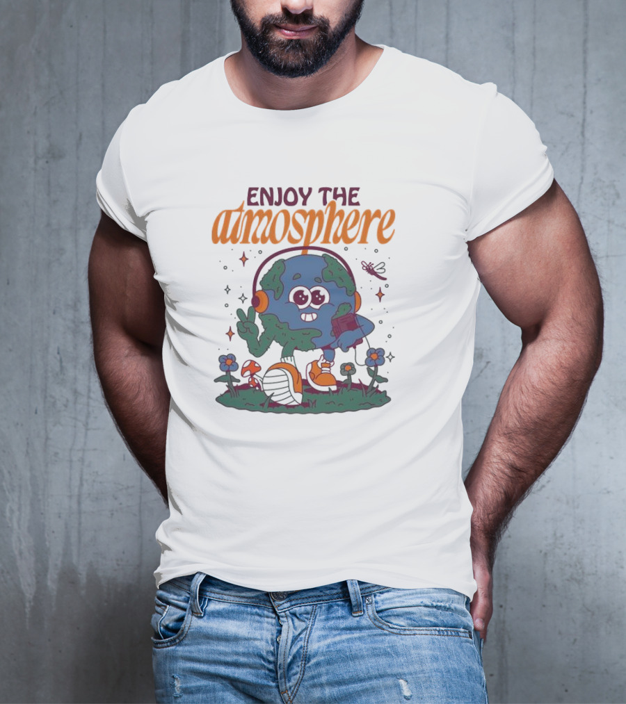 Enjoy The Atmosphere Planet Earth Headphones Peace Flowers T-Shirt