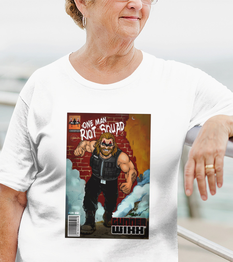 One Man Riot Squad Comic Cover Gunner Wixx Face Paint Featuring Champion Branding T-Shirt