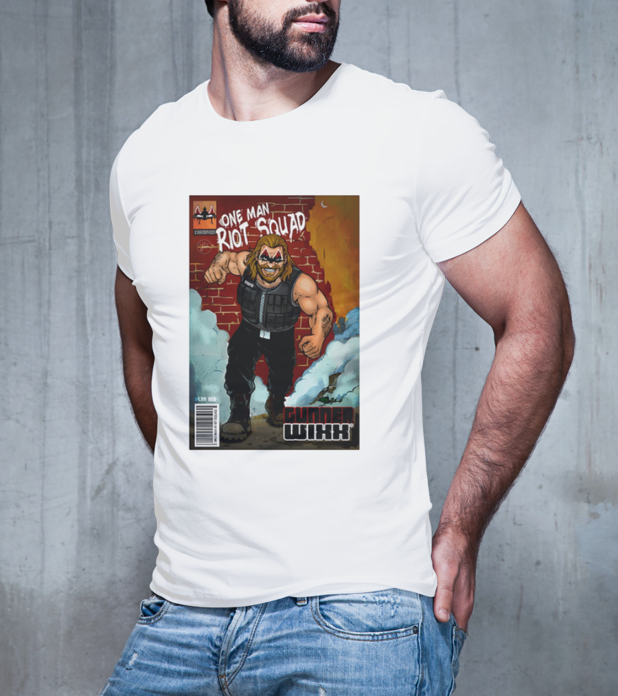 One Man Riot Squad Comic Cover Gunner Wixx Face Paint Featuring Champion Branding T-Shirt