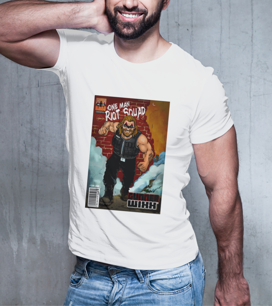 One Man Riot Squad Comic Cover Gunner Wixx Face Paint Featuring Champion Branding T-Shirt