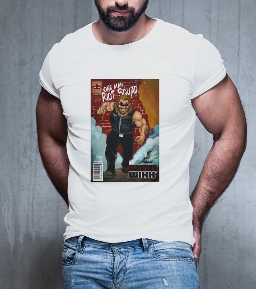 One Man Riot Squad Comic Cover Gunner Wixx Face Paint Featuring Champion Branding T-Shirt