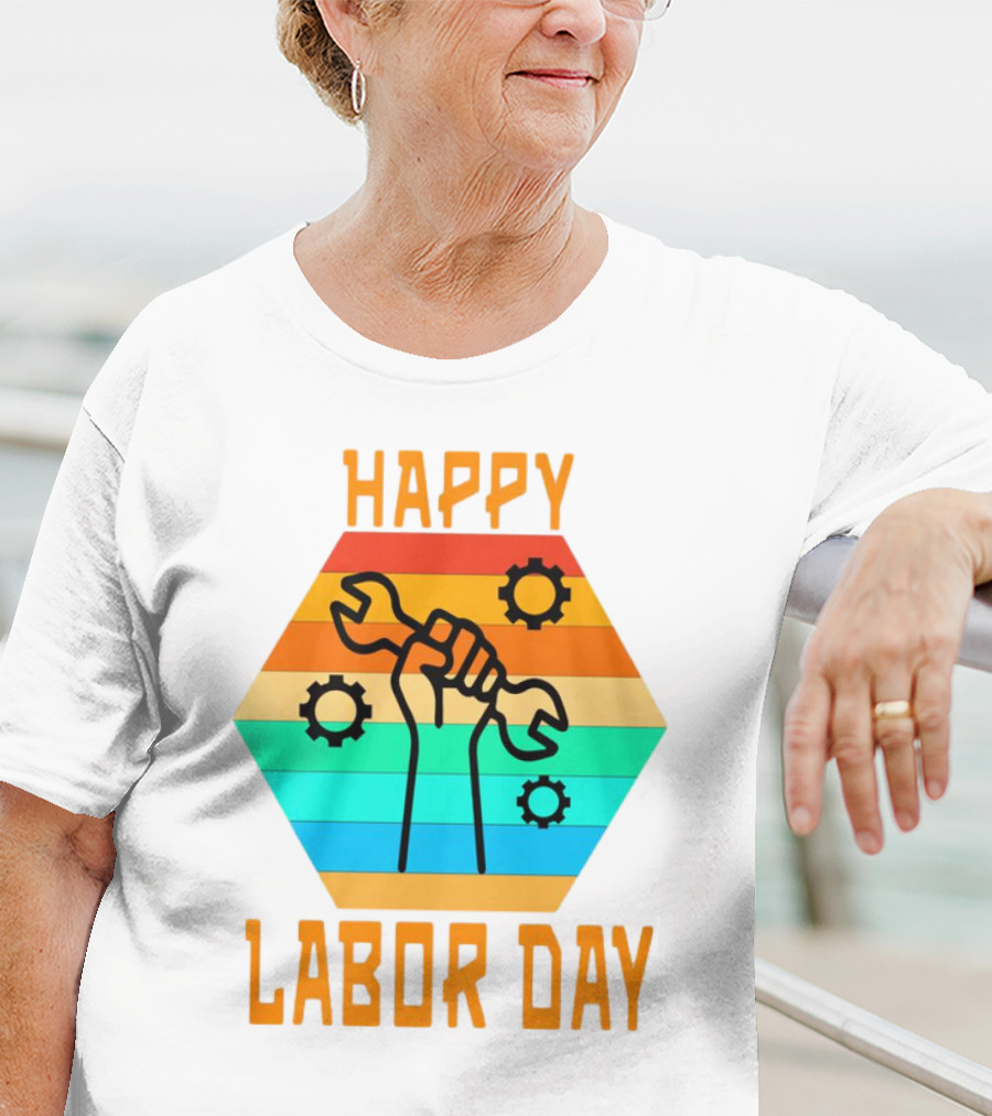 Colorful Wrench Fist Gear Happy Labor Day T-Shirt