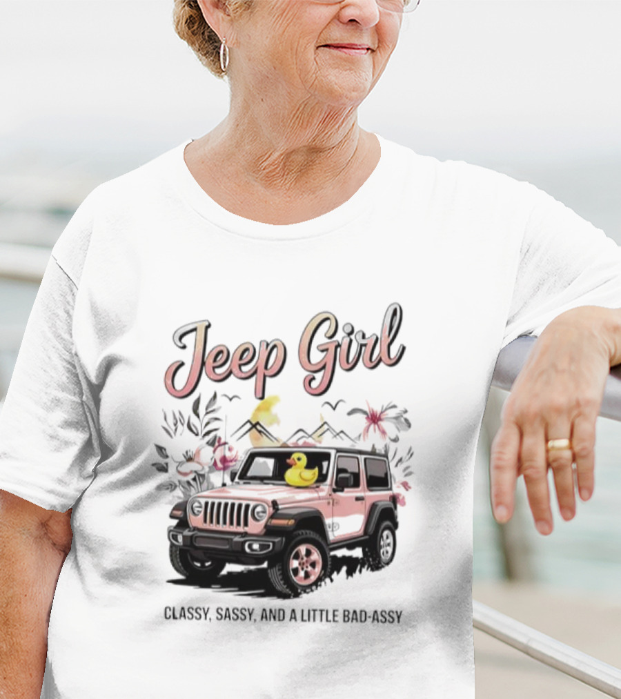 Jeep Girl Classy Sassy And Little Bad-Assy Pink Jeep Rubber Duck Floral Bunnies T-Shirt